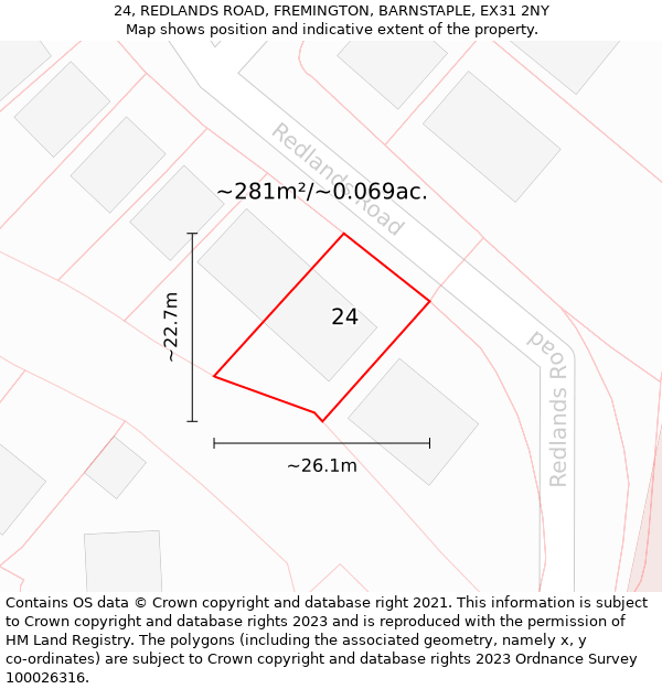 24, REDLANDS ROAD, FREMINGTON, BARNSTAPLE, EX31 2NY: Plot and title map