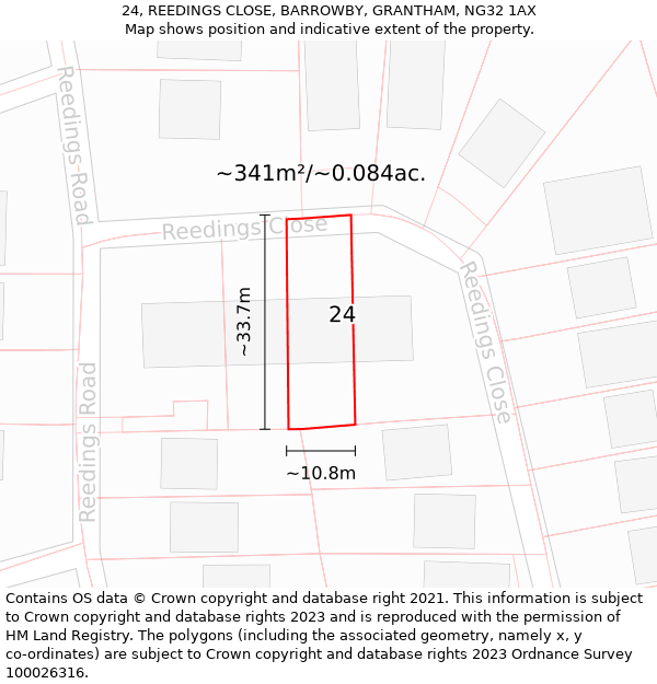 24, REEDINGS CLOSE, BARROWBY, GRANTHAM, NG32 1AX: Plot and title map