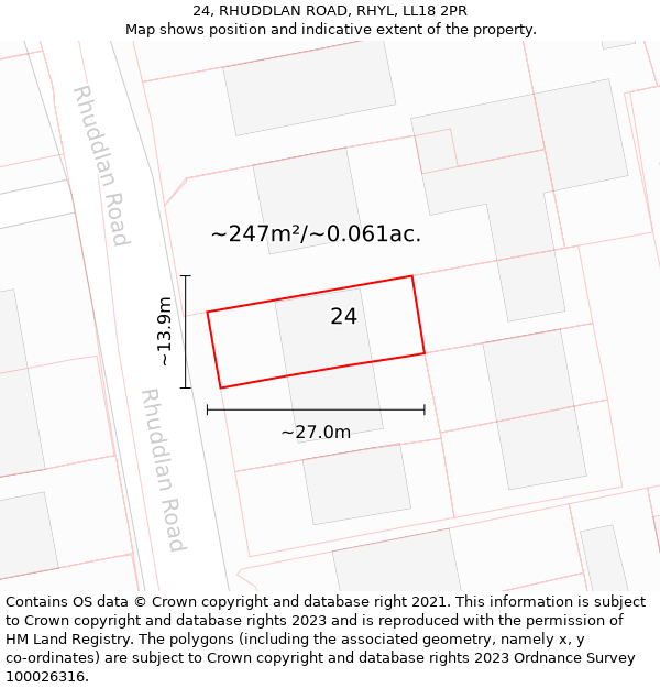 24, RHUDDLAN ROAD, RHYL, LL18 2PR: Plot and title map