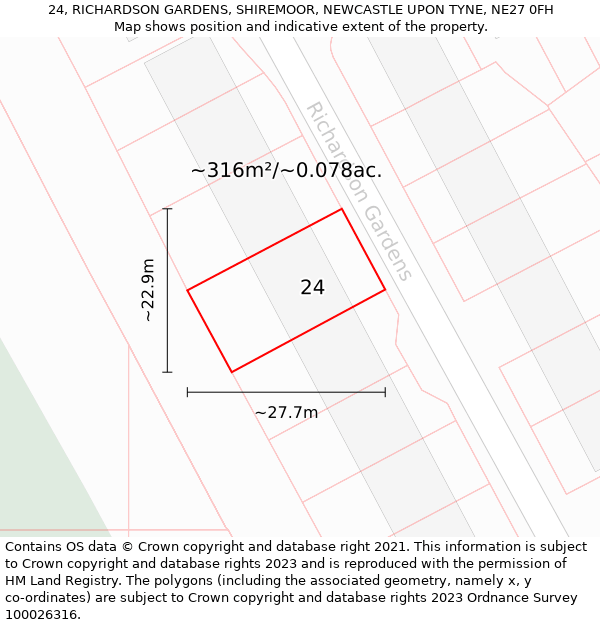 24, RICHARDSON GARDENS, SHIREMOOR, NEWCASTLE UPON TYNE, NE27 0FH: Plot and title map