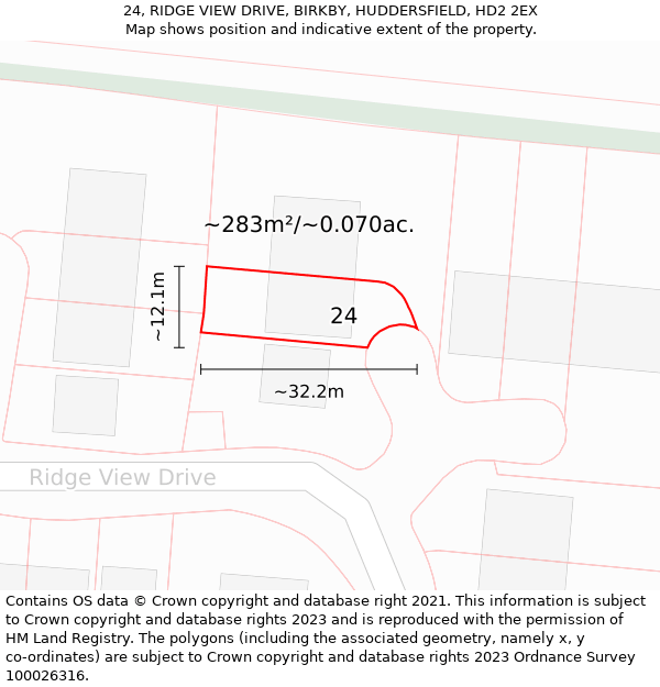 24, RIDGE VIEW DRIVE, BIRKBY, HUDDERSFIELD, HD2 2EX: Plot and title map