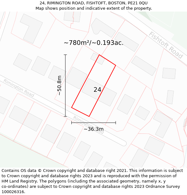 24, RIMINGTON ROAD, FISHTOFT, BOSTON, PE21 0QU: Plot and title map