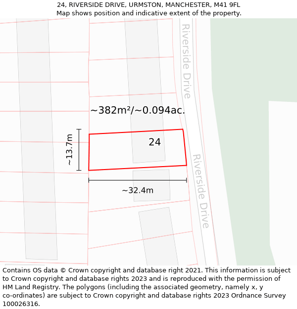 24, RIVERSIDE DRIVE, URMSTON, MANCHESTER, M41 9FL: Plot and title map