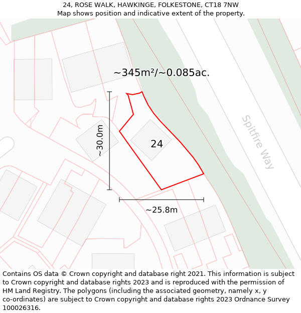 24, ROSE WALK, HAWKINGE, FOLKESTONE, CT18 7NW: Plot and title map