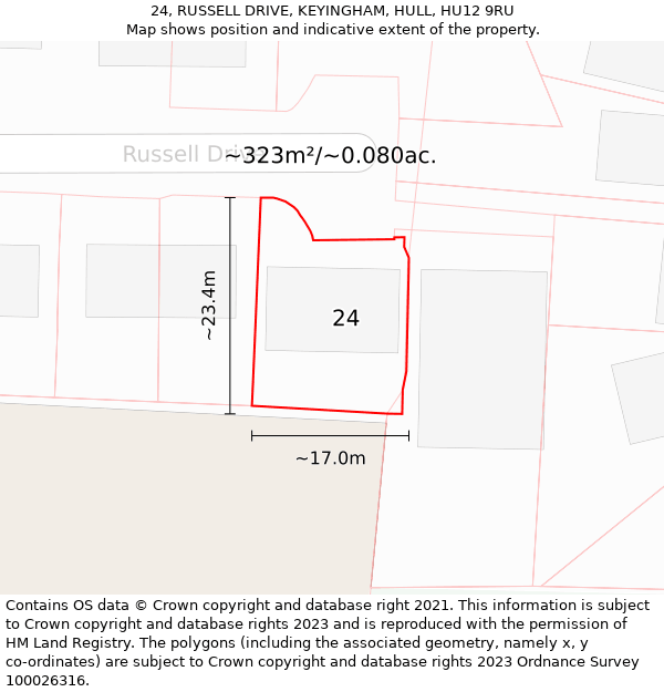 24, RUSSELL DRIVE, KEYINGHAM, HULL, HU12 9RU: Plot and title map