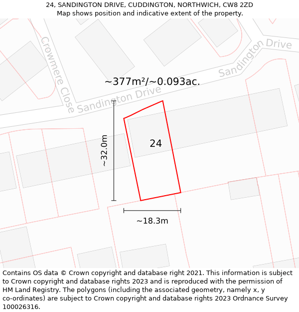 24, SANDINGTON DRIVE, CUDDINGTON, NORTHWICH, CW8 2ZD: Plot and title map