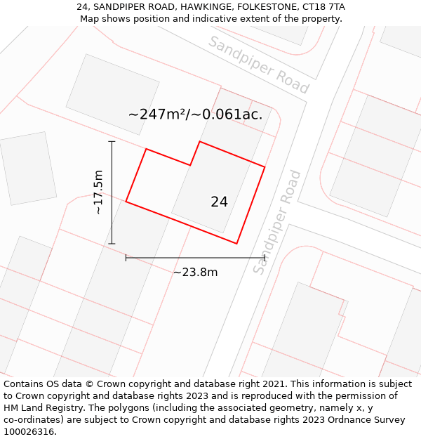 24, SANDPIPER ROAD, HAWKINGE, FOLKESTONE, CT18 7TA: Plot and title map