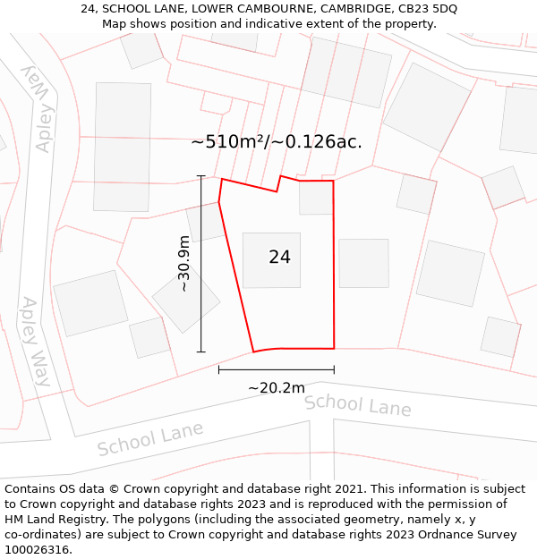 24, SCHOOL LANE, LOWER CAMBOURNE, CAMBRIDGE, CB23 5DQ: Plot and title map