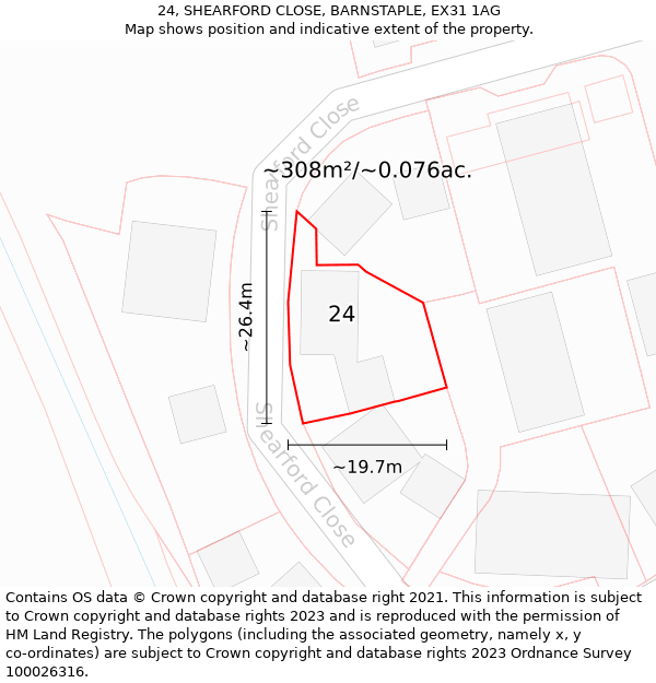 24, SHEARFORD CLOSE, BARNSTAPLE, EX31 1AG: Plot and title map