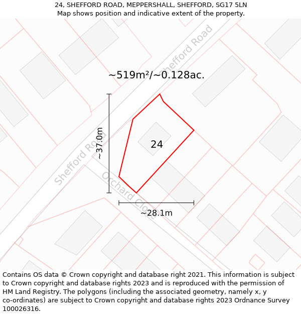 24, SHEFFORD ROAD, MEPPERSHALL, SHEFFORD, SG17 5LN: Plot and title map