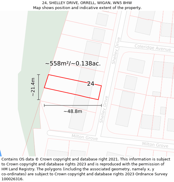 24, SHELLEY DRIVE, ORRELL, WIGAN, WN5 8HW: Plot and title map