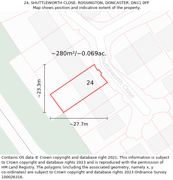 24, SHUTTLEWORTH CLOSE, ROSSINGTON, DONCASTER, DN11 0FP: Plot and title map