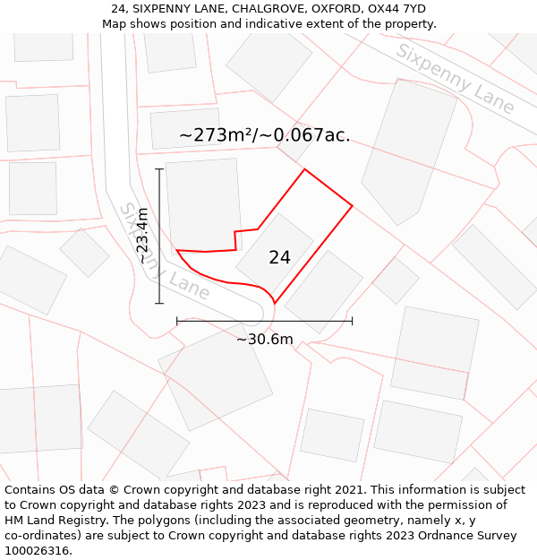 24, SIXPENNY LANE, CHALGROVE, OXFORD, OX44 7YD: Plot and title map