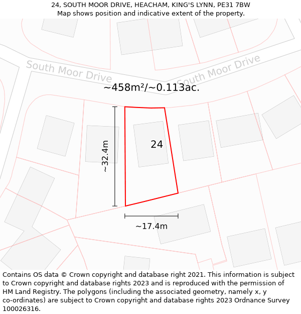 24, SOUTH MOOR DRIVE, HEACHAM, KING'S LYNN, PE31 7BW: Plot and title map