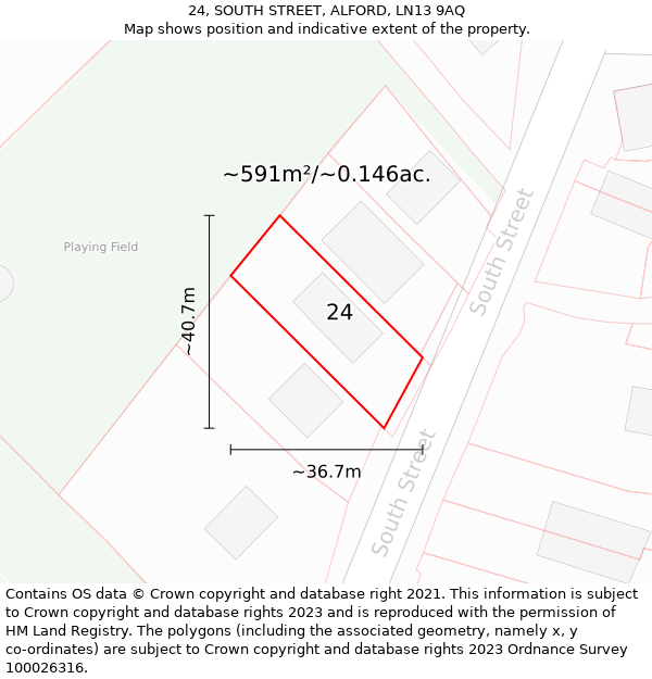 24, SOUTH STREET, ALFORD, LN13 9AQ: Plot and title map