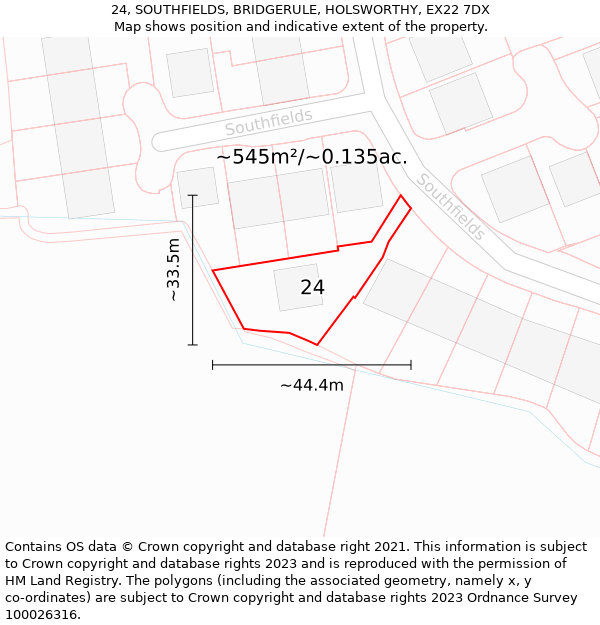 24, SOUTHFIELDS, BRIDGERULE, HOLSWORTHY, EX22 7DX: Plot and title map