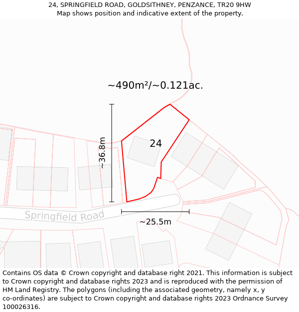 24, SPRINGFIELD ROAD, GOLDSITHNEY, PENZANCE, TR20 9HW: Plot and title map