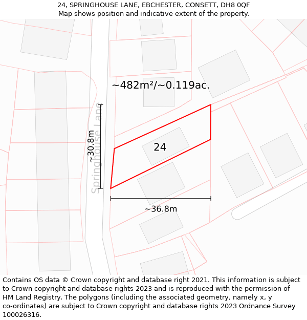 24, SPRINGHOUSE LANE, EBCHESTER, CONSETT, DH8 0QF: Plot and title map