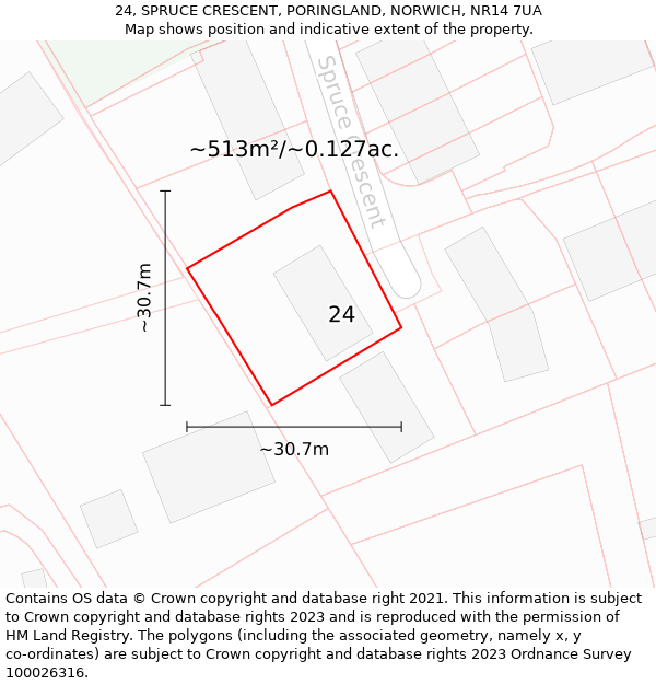24, SPRUCE CRESCENT, PORINGLAND, NORWICH, NR14 7UA: Plot and title map