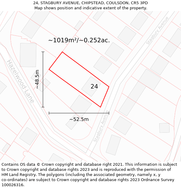 24, STAGBURY AVENUE, CHIPSTEAD, COULSDON, CR5 3PD: Plot and title map