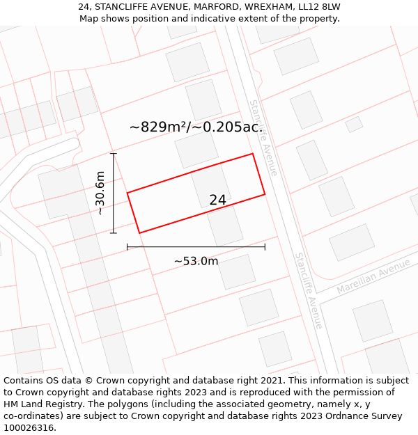 24, STANCLIFFE AVENUE, MARFORD, WREXHAM, LL12 8LW: Plot and title map