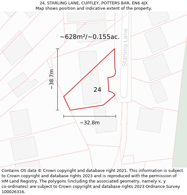 24, STARLING LANE, CUFFLEY, POTTERS BAR, EN6 4JX: Plot and title map