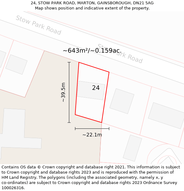 24, STOW PARK ROAD, MARTON, GAINSBOROUGH, DN21 5AG: Plot and title map