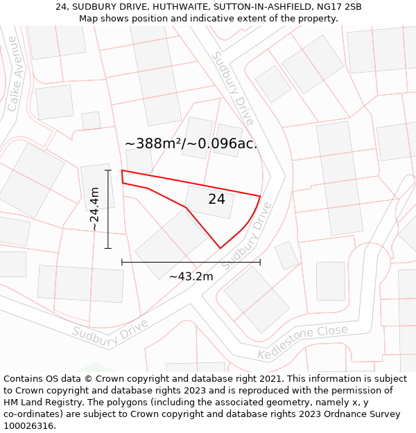 24, SUDBURY DRIVE, HUTHWAITE, SUTTON-IN-ASHFIELD, NG17 2SB: Plot and title map