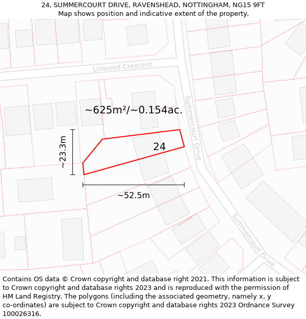 24, SUMMERCOURT DRIVE, RAVENSHEAD, NOTTINGHAM, NG15 9FT: Plot and title map