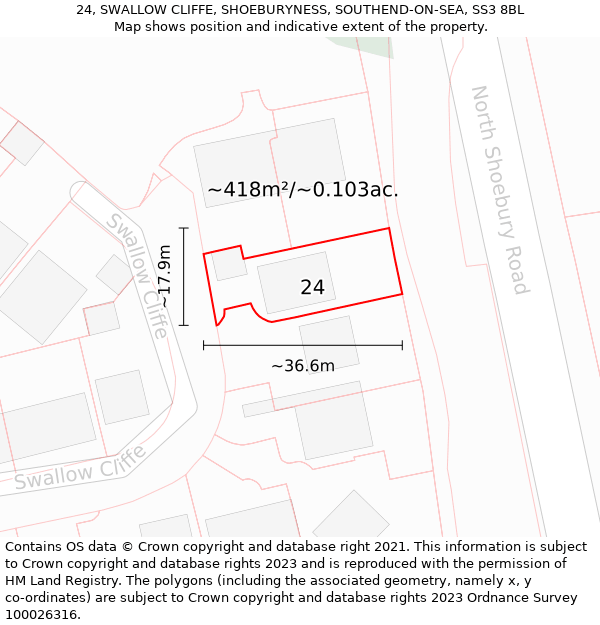 24, SWALLOW CLIFFE, SHOEBURYNESS, SOUTHEND-ON-SEA, SS3 8BL: Plot and title map