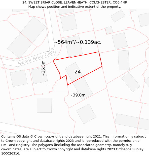 24, SWEET BRIAR CLOSE, LEAVENHEATH, COLCHESTER, CO6 4NP: Plot and title map
