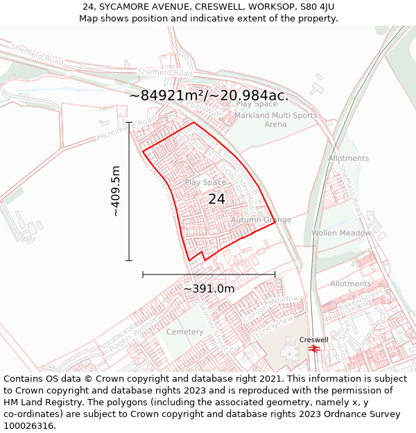 24, SYCAMORE AVENUE, CRESWELL, WORKSOP, S80 4JU: Plot and title map