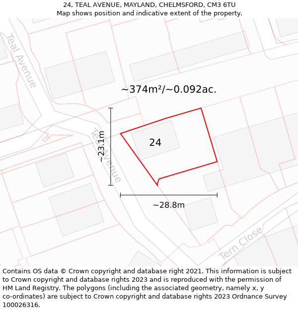 24, TEAL AVENUE, MAYLAND, CHELMSFORD, CM3 6TU: Plot and title map