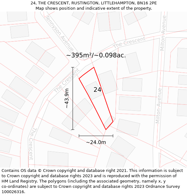 24, THE CRESCENT, RUSTINGTON, LITTLEHAMPTON, BN16 2PE: Plot and title map