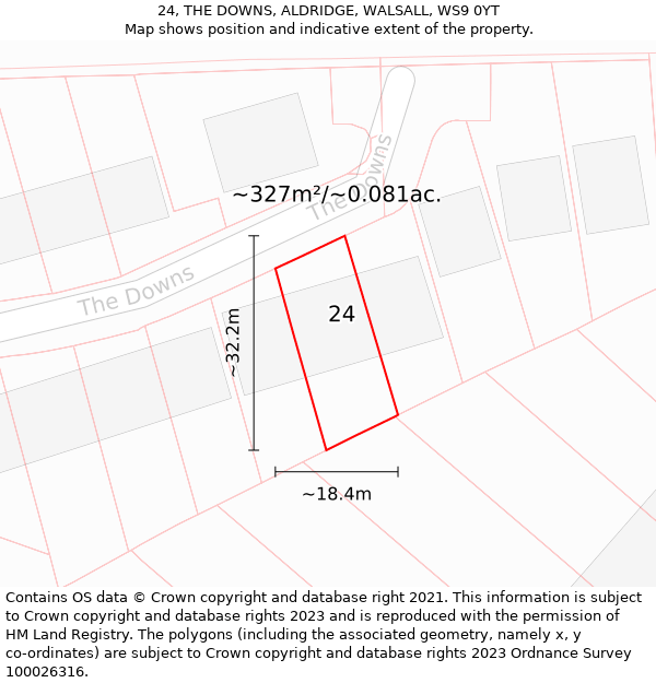 24, THE DOWNS, ALDRIDGE, WALSALL, WS9 0YT: Plot and title map