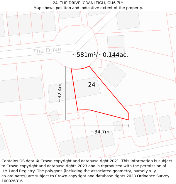 24, THE DRIVE, CRANLEIGH, GU6 7LY: Plot and title map