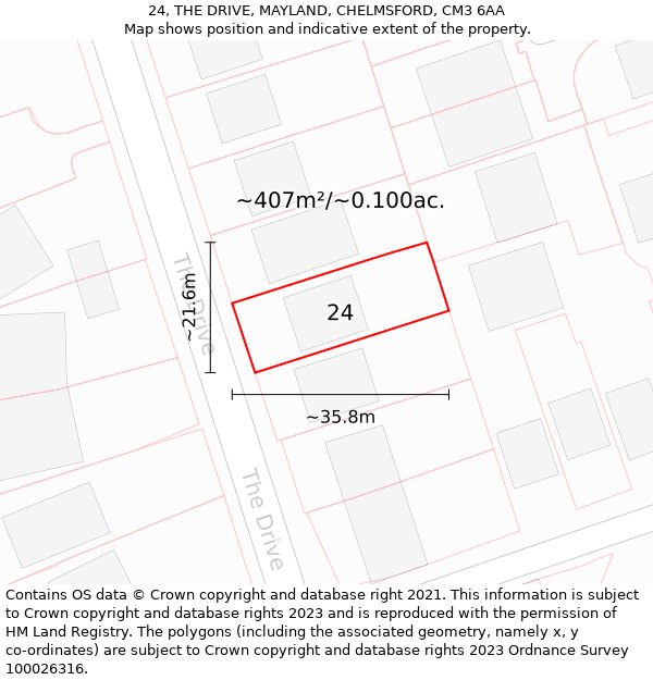 24, THE DRIVE, MAYLAND, CHELMSFORD, CM3 6AA: Plot and title map