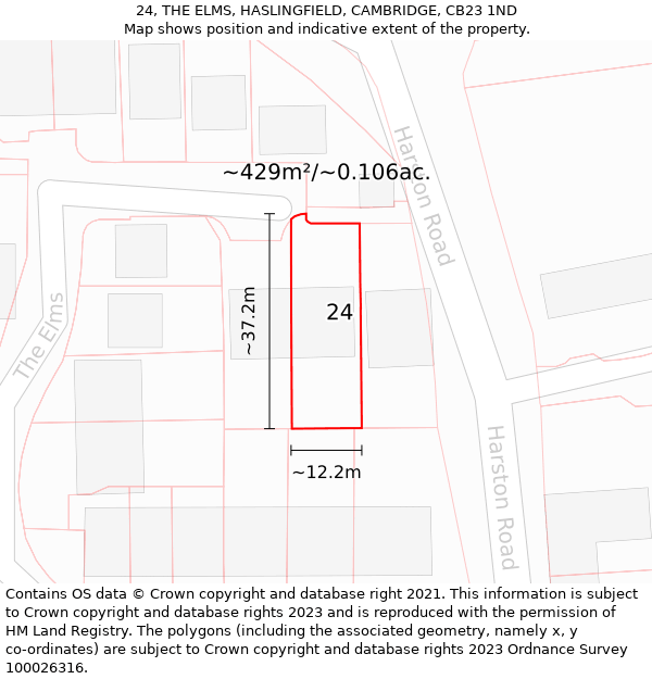 24, THE ELMS, HASLINGFIELD, CAMBRIDGE, CB23 1ND: Plot and title map