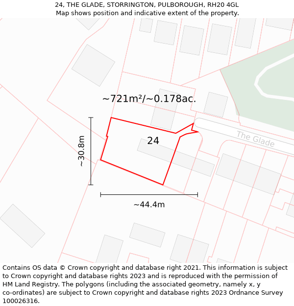 24, THE GLADE, STORRINGTON, PULBOROUGH, RH20 4GL: Plot and title map