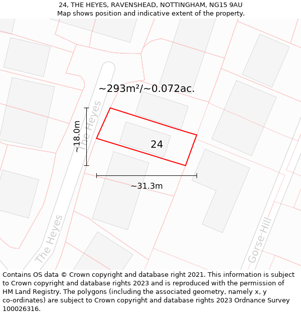 24, THE HEYES, RAVENSHEAD, NOTTINGHAM, NG15 9AU: Plot and title map