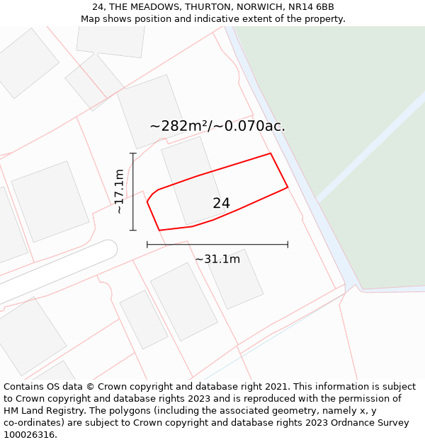 24, THE MEADOWS, THURTON, NORWICH, NR14 6BB: Plot and title map