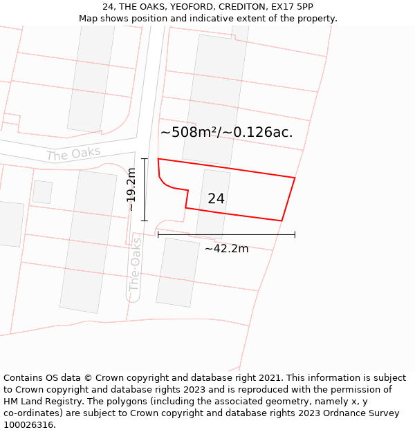 24, THE OAKS, YEOFORD, CREDITON, EX17 5PP: Plot and title map