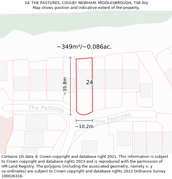 24, THE PASTURES, COULBY NEWHAM, MIDDLESBROUGH, TS8 0UJ: Plot and title map