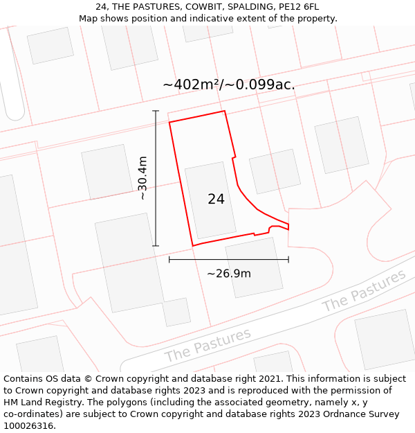 24, THE PASTURES, COWBIT, SPALDING, PE12 6FL: Plot and title map