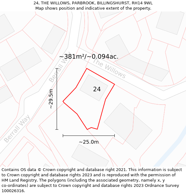 24, THE WILLOWS, PARBROOK, BILLINGSHURST, RH14 9WL: Plot and title map