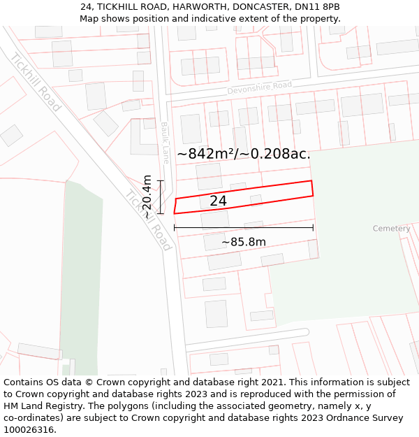 24, TICKHILL ROAD, HARWORTH, DONCASTER, DN11 8PB: Plot and title map