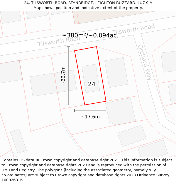 24, TILSWORTH ROAD, STANBRIDGE, LEIGHTON BUZZARD, LU7 9JA: Plot and title map