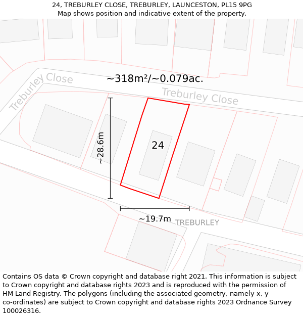 24, TREBURLEY CLOSE, TREBURLEY, LAUNCESTON, PL15 9PG: Plot and title map