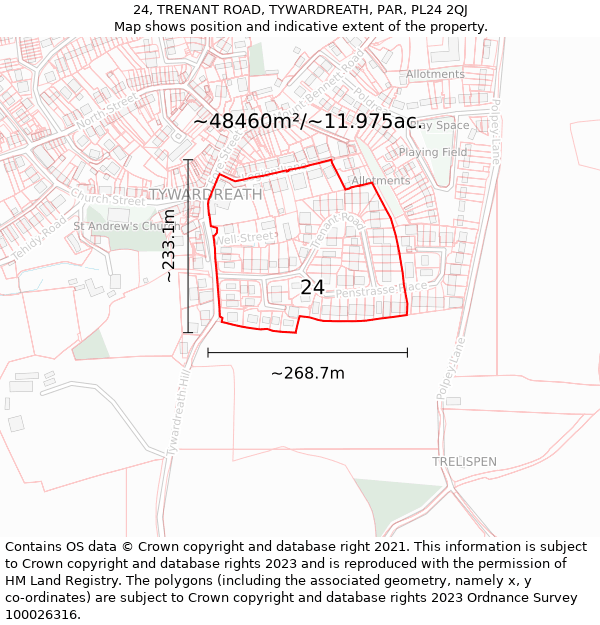 24, TRENANT ROAD, TYWARDREATH, PAR, PL24 2QJ: Plot and title map