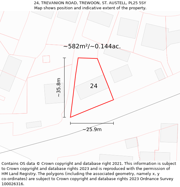 24, TREVANION ROAD, TREWOON, ST. AUSTELL, PL25 5SY: Plot and title map